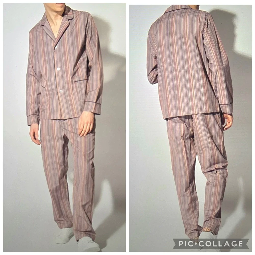 Paul Smith Men's L 2pc Striped Cotton Pajama Set Long Sleeve Button Pockets